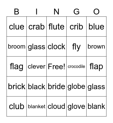 bl br fl cl cr gl Bingo Card