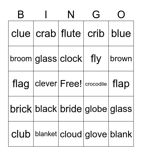 bl br fl cl cr gl Bingo Card