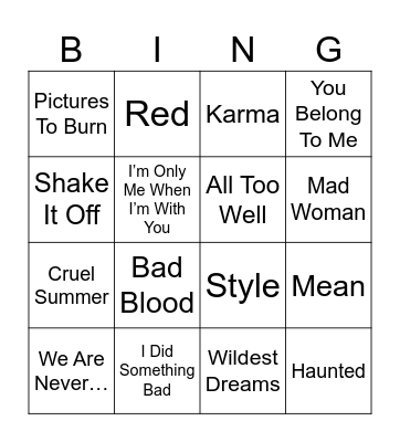 Radio Bingo Taylor Swift Bingo Card