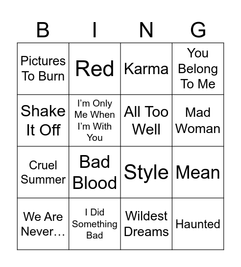 Radio Bingo Taylor Swift Bingo Card