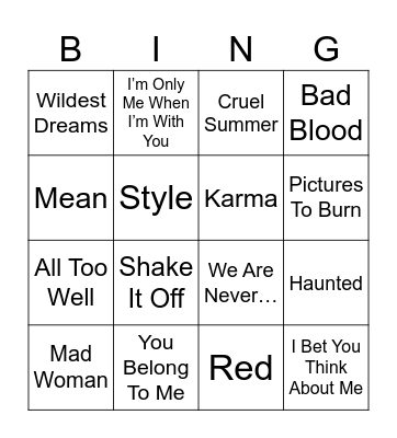 Radio Bingo Taylor Swift Bingo Card
