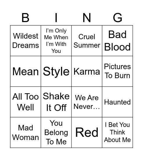 Radio Bingo Taylor Swift Bingo Card