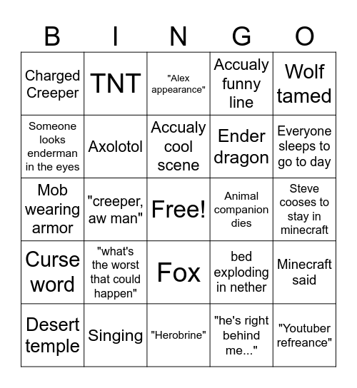 Minecraft Movie Bingo Card