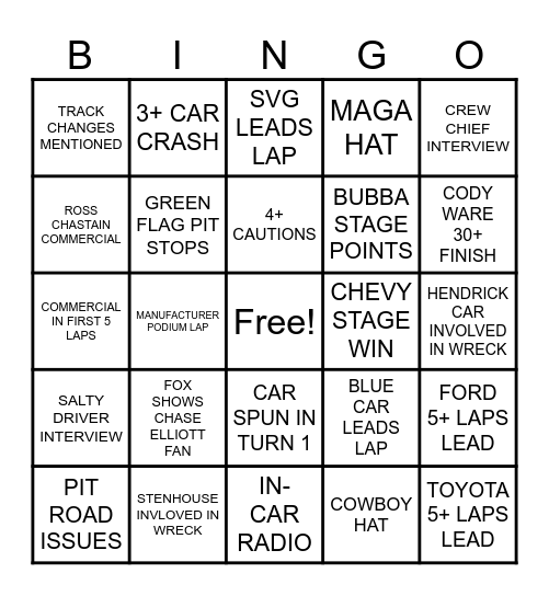 NASCAR COTA Bingo Card