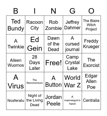 Horror/True Crime Bingo Card