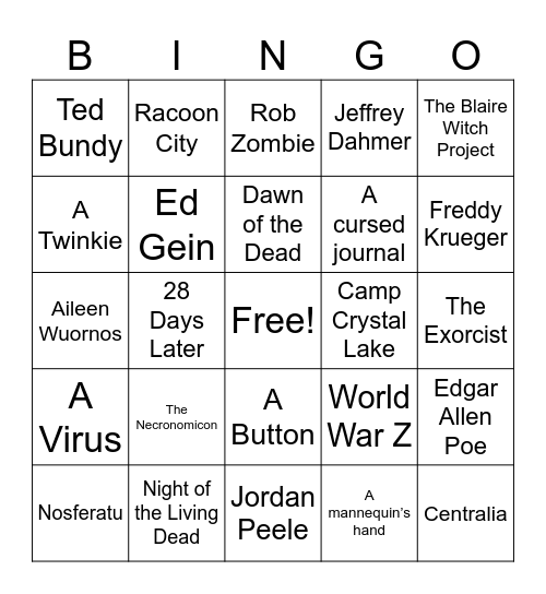 Horror/True Crime Bingo Card