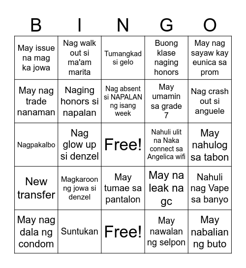Bingo card para sa grade 10 2026! Bingo Card
