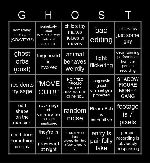 WUHHHH SCAWY GHOST SIGHTINGS Bingo Card
