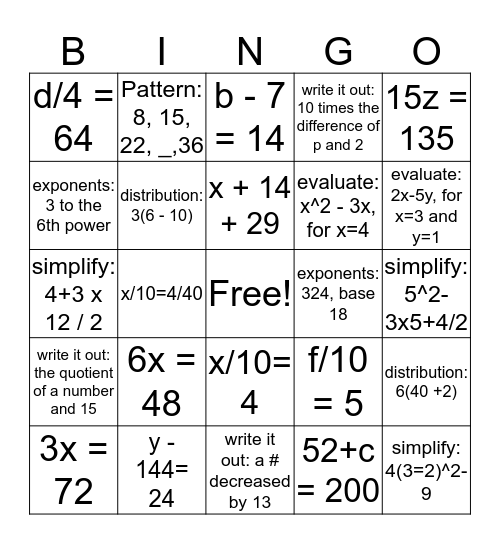 Math Ch. 1 Bingo Card