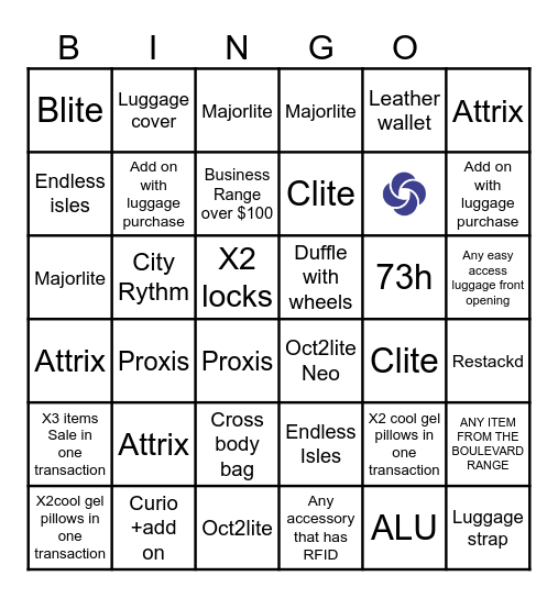 Samsonite Bingo Challenge Bingo Card
