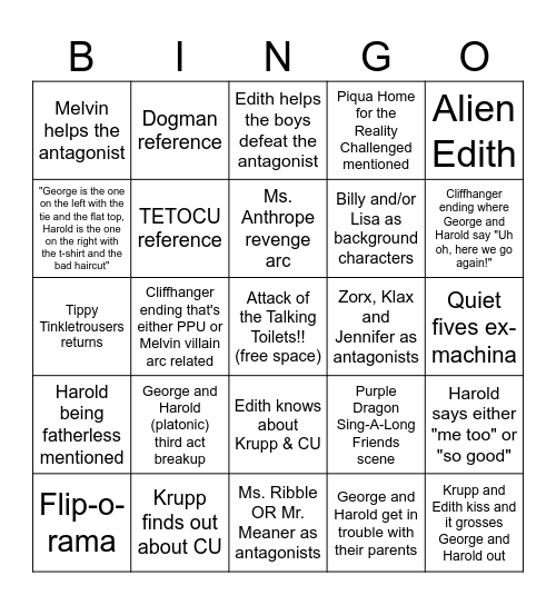 Captain Underpants: The Second Epic Movie Bingo Card