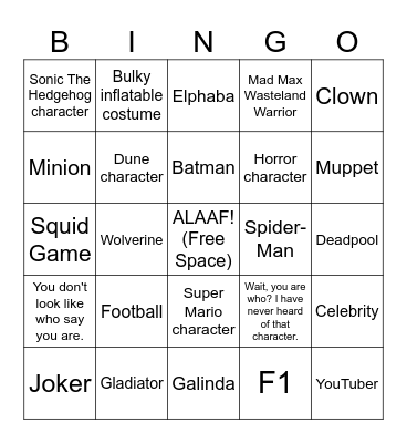 Carnival Costume Bingo Card
