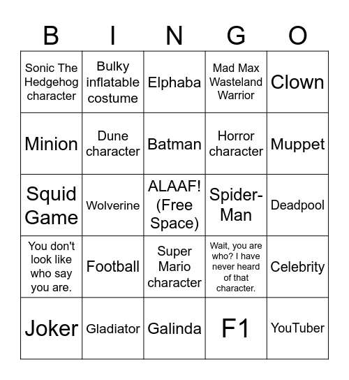 Carnival Costume Bingo Card
