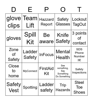 Home Depot Safety Bingo Card