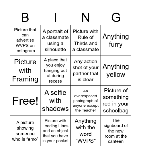 Photography Bingo Card
