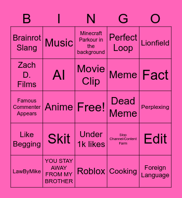 Youtube Shorts Bingo 8: The Squeakuel Bingo Card