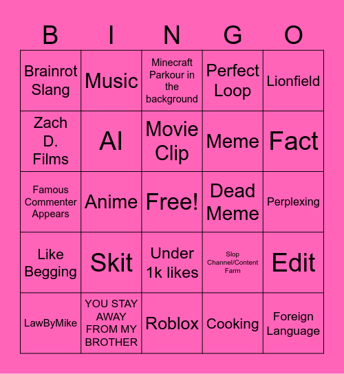 Youtube Shorts Bingo 8: The Squeakuel Bingo Card