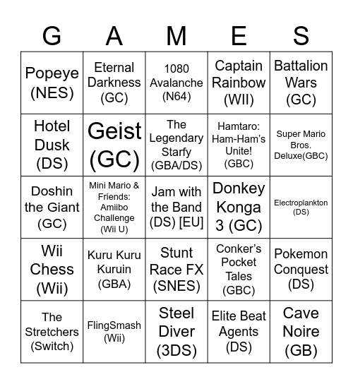 Splatboi [Obscure Nintendo Games] Round 2 Bingo Card