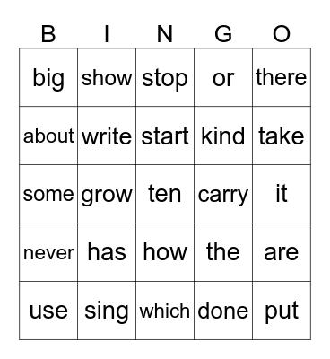 Sight Words Bingo Card
