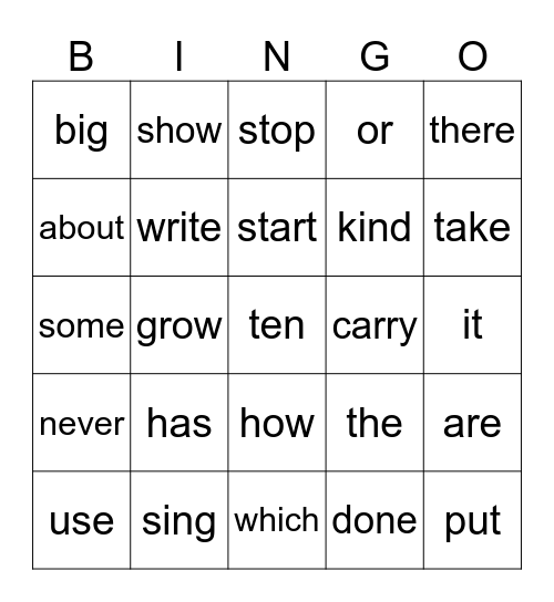 Sight Words Bingo Card