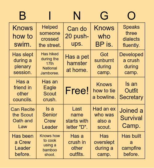 Scout Human Bingo Game Bingo Card