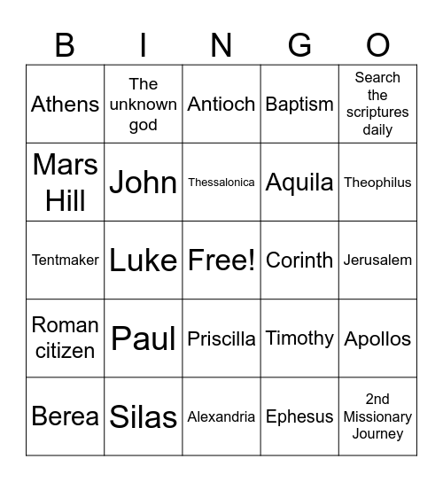 Acts 17/18 Bingo Card