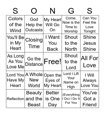 1990s Song Bingo Card