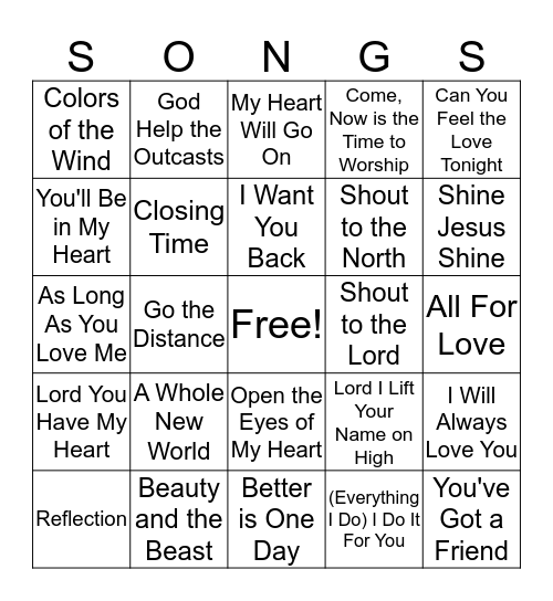 1990s Song Bingo Card