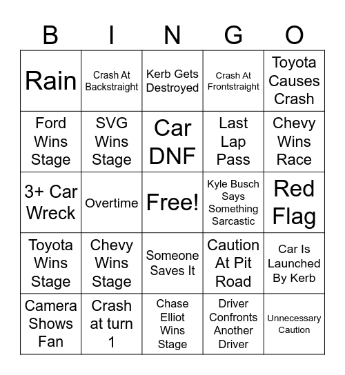 NASCAR Road Course Bingo Card