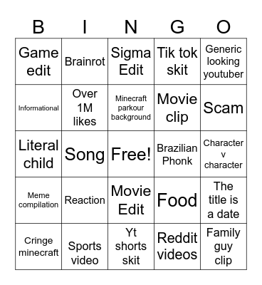 YouTube shorts Bingo Card