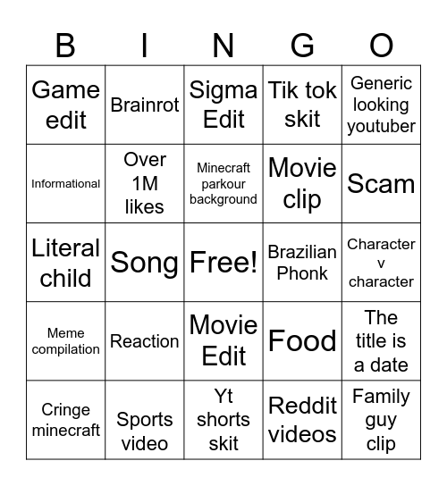 YouTube shorts Bingo Card