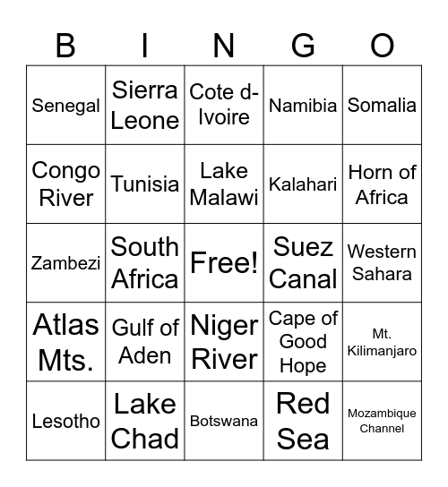Africa Geography Review Bingo Card