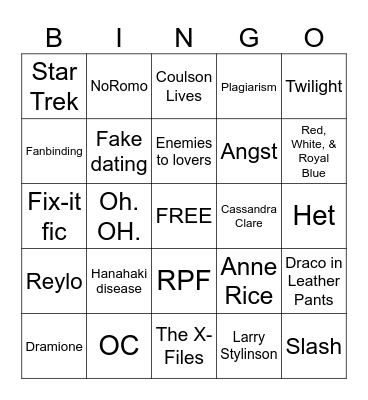 FAN FIC BINGO Card