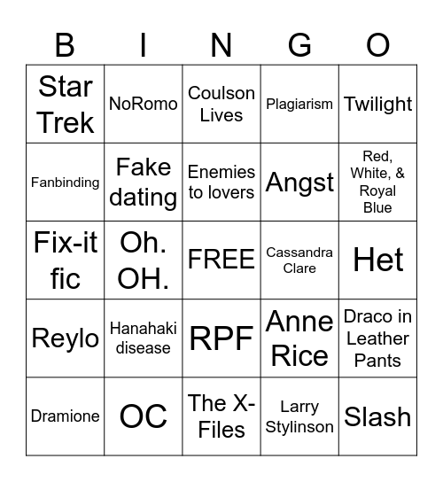 FAN FIC BINGO Card