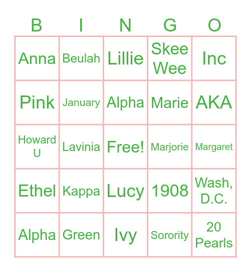 Pink & Green Bingo Card