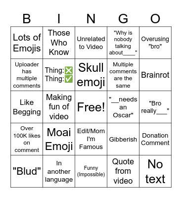 YT Shorts Comments Bingo Card