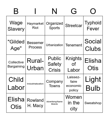 Second Industrial Revolution Bingo Card