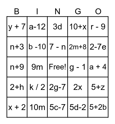 Translating Algebraic Expressions Bingo Card