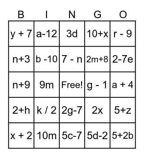 Translating Algebraic Expressions Bingo Card