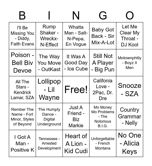 R&B/Rap Bingo Card