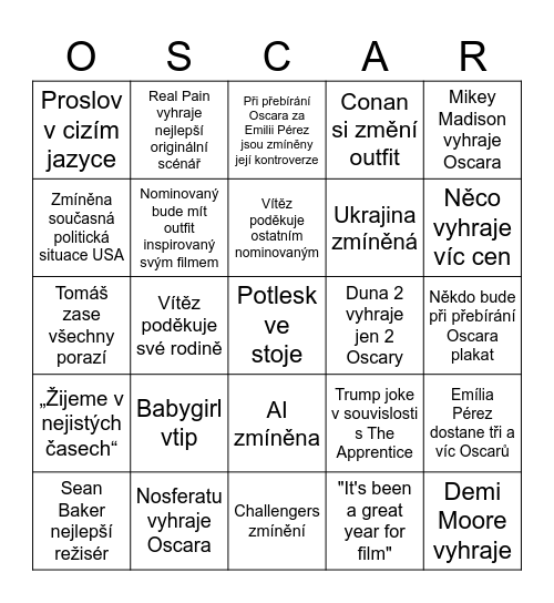 Academy Awards 2025 Bingo Card