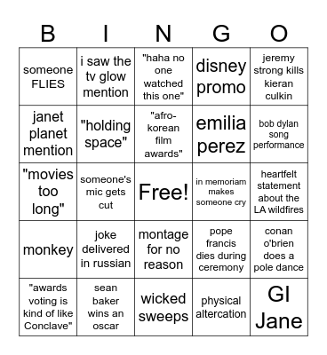 Oscars 2025 Bingo Card