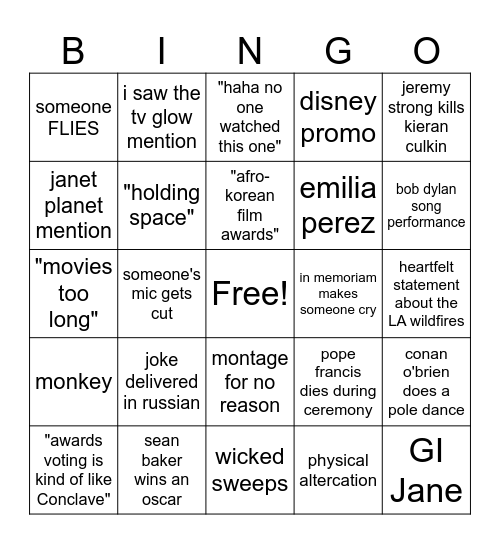 Oscars 2025 Bingo Card