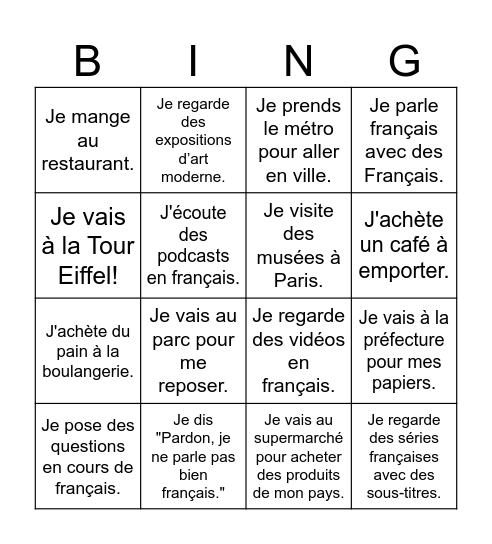 ma routine à Paris Bingo Card