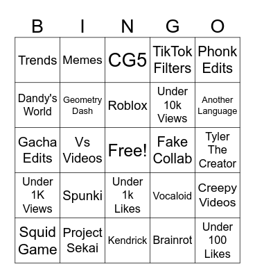 Shorts Bingo Card
