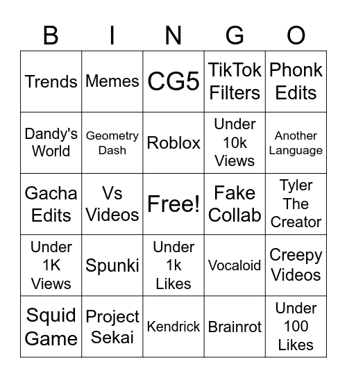 Shorts Bingo Card