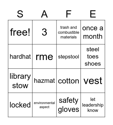 Safety Bingo Card