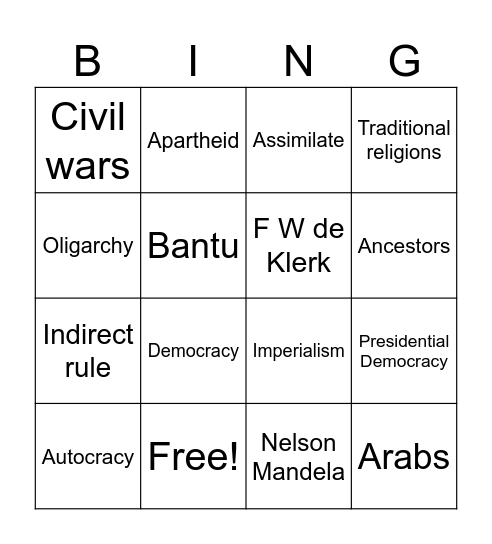 Vocab review Bingo Card