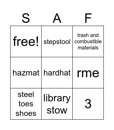 Safety Bingo Card