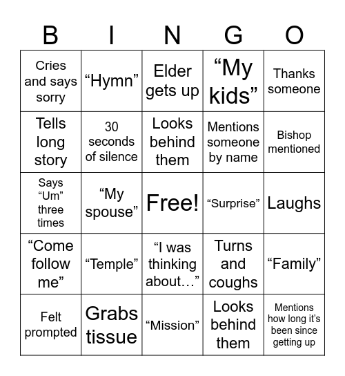 Fast Sunday Bingo Card
